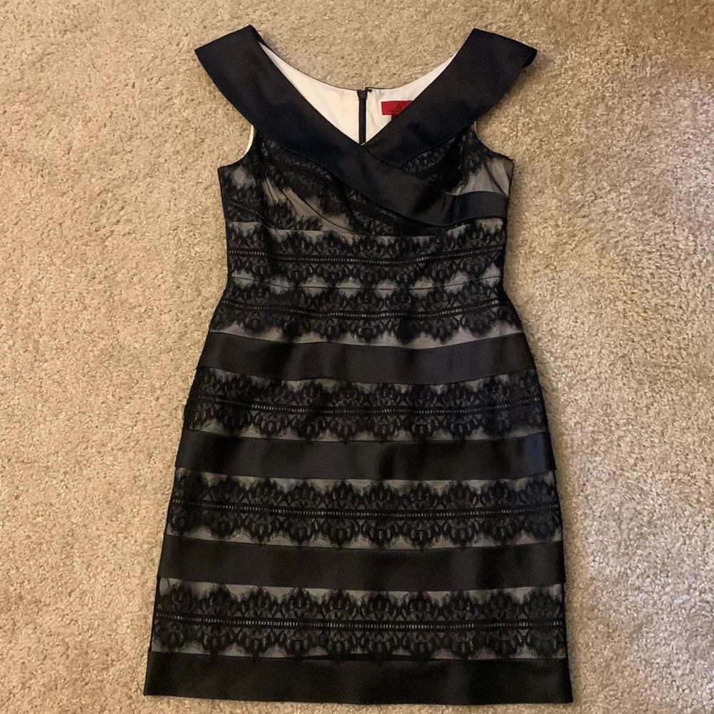 JS COLLECTIONS Black Cocktail Lace Dress w. White Liner & Satin Collar, Size 10